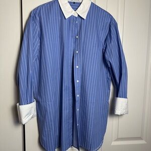 Elegant Blue Pinstripe Dress Shirt with White Accents